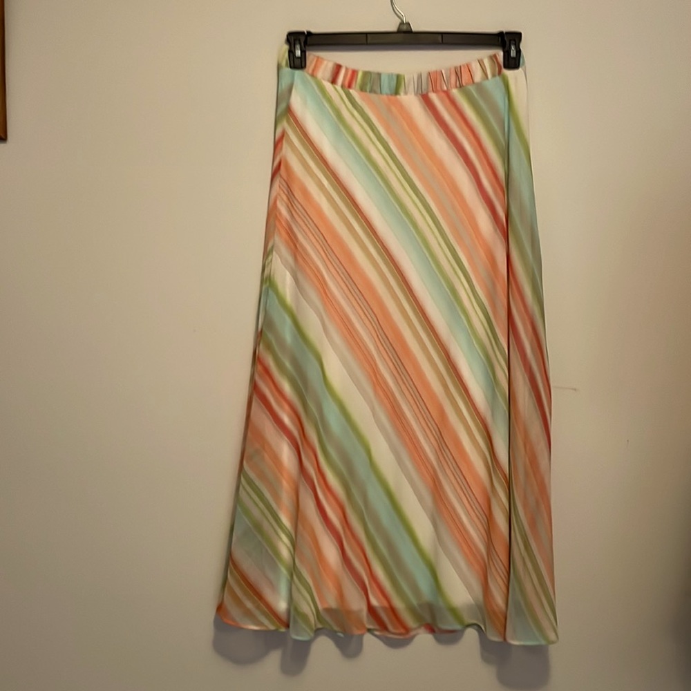 Chico's Pastel Diagonal Stripe A-Line Skirt in Coral, Mint & Ivory